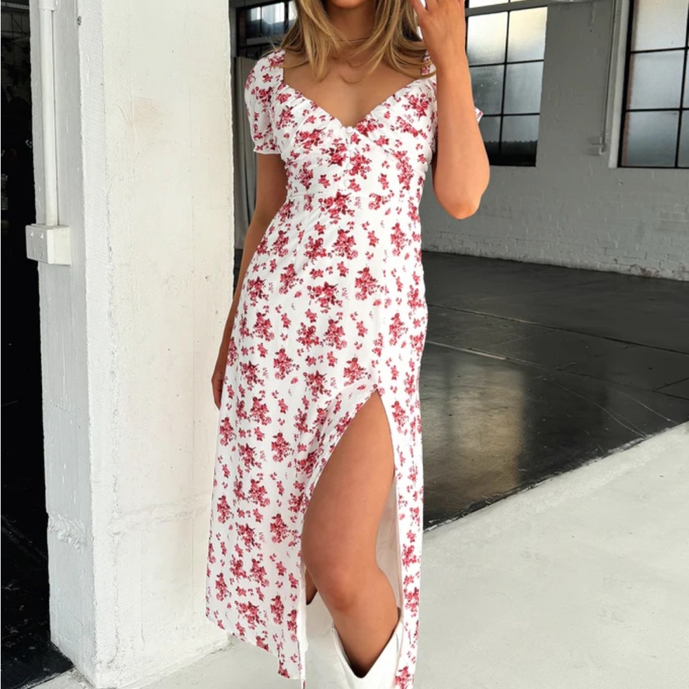 Floral Print White and Red Dress
